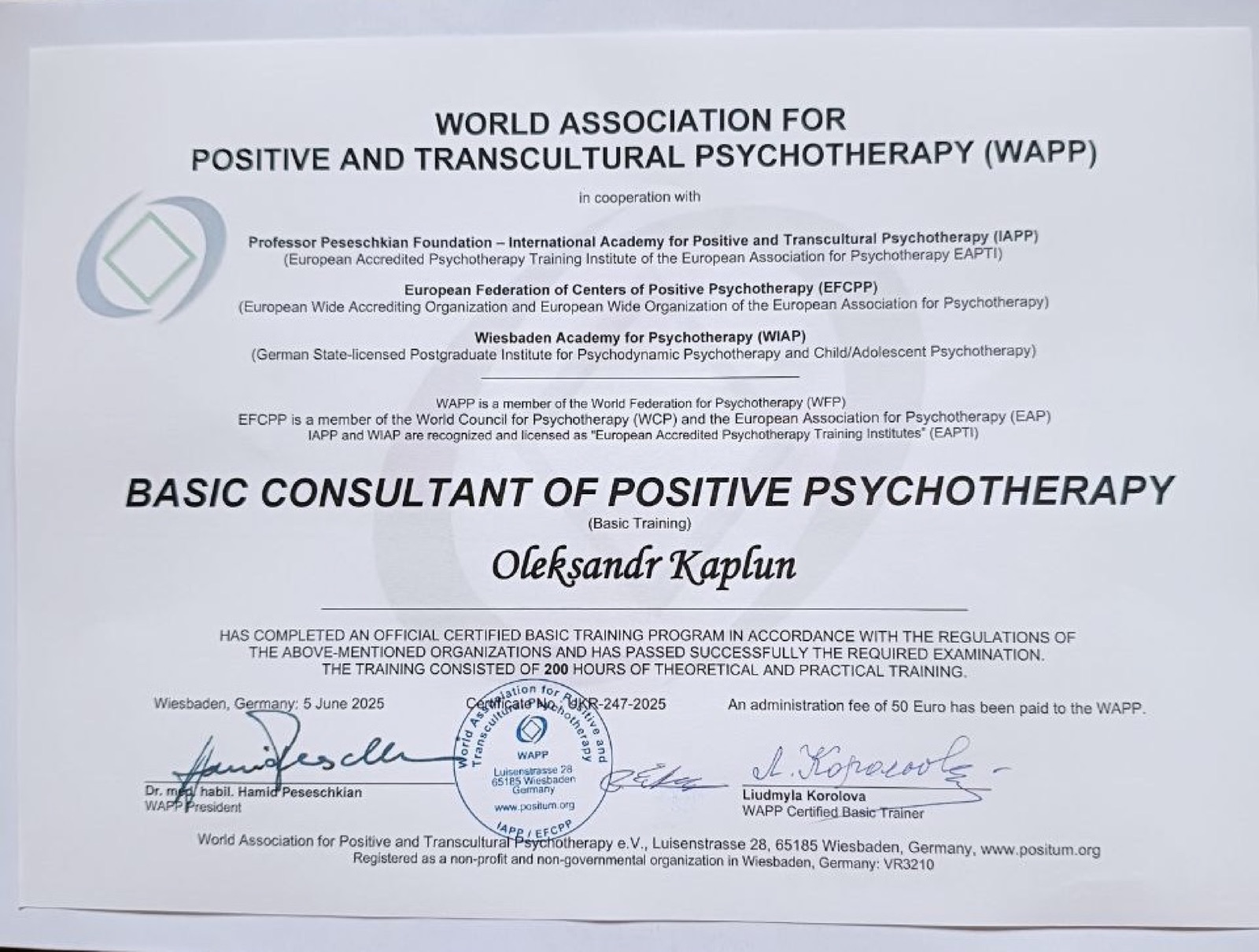 Basic counsellor certificate in Positive Psychotherapy, WAPP
