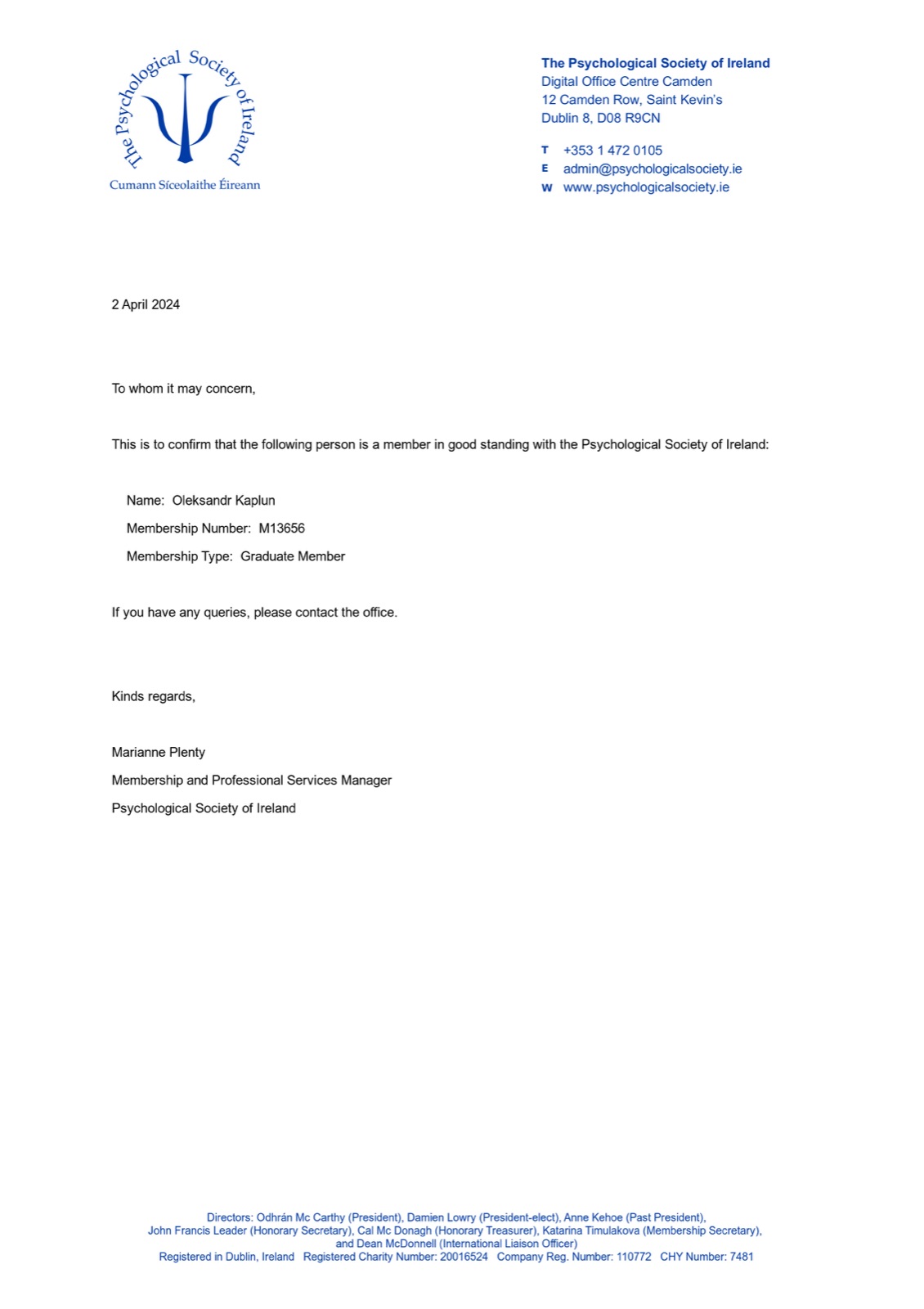 Confirmation of PSI membership — Psychological Society of Ireland