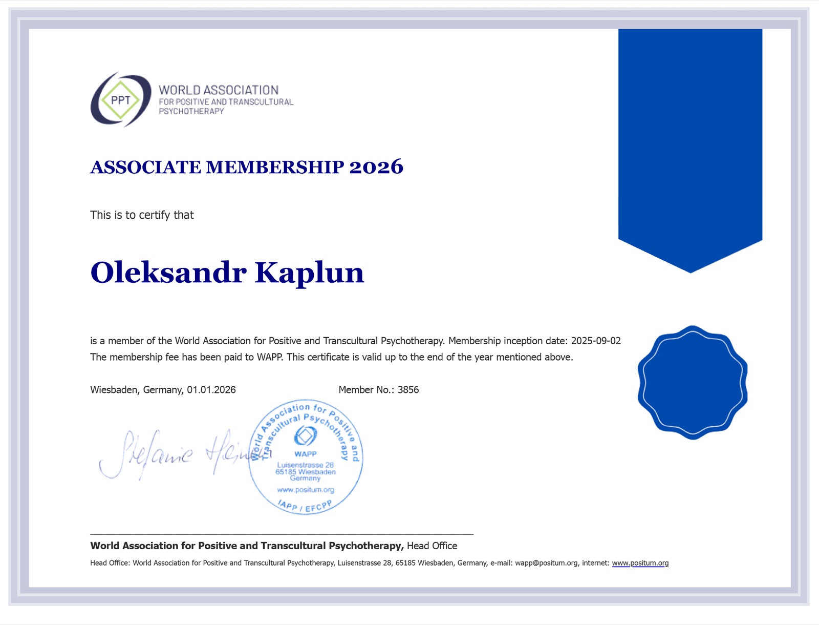 WAPP membership certificate